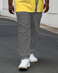 Men's Plus Size Yellow Grey Colorblock Stripe Geometric Print Henry Collar T-Shirt Trousers Suit