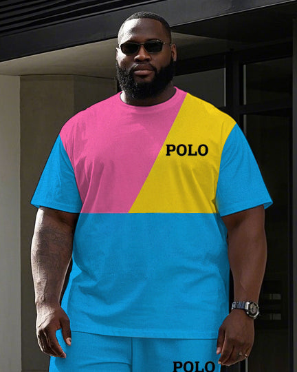 Big and Tall Men's Colorful Color Block POLO Letter Printed Casual Short Sleeve T-shirt Pants Set
