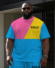 Big and Tall Men's Colorful Color Block POLO Letter Printed Casual Short Sleeve T-shirt Pants Set