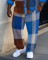Men's Big Size Daily Casual Abstract Retro Blue Plaid Printed Long Sleeve Shirt Pants Set