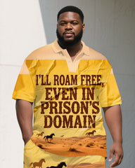 Men's Casual Horse in Desert PRISON Lettering Relaxed Short-Sleeve Polo Shirt & Shorts Set