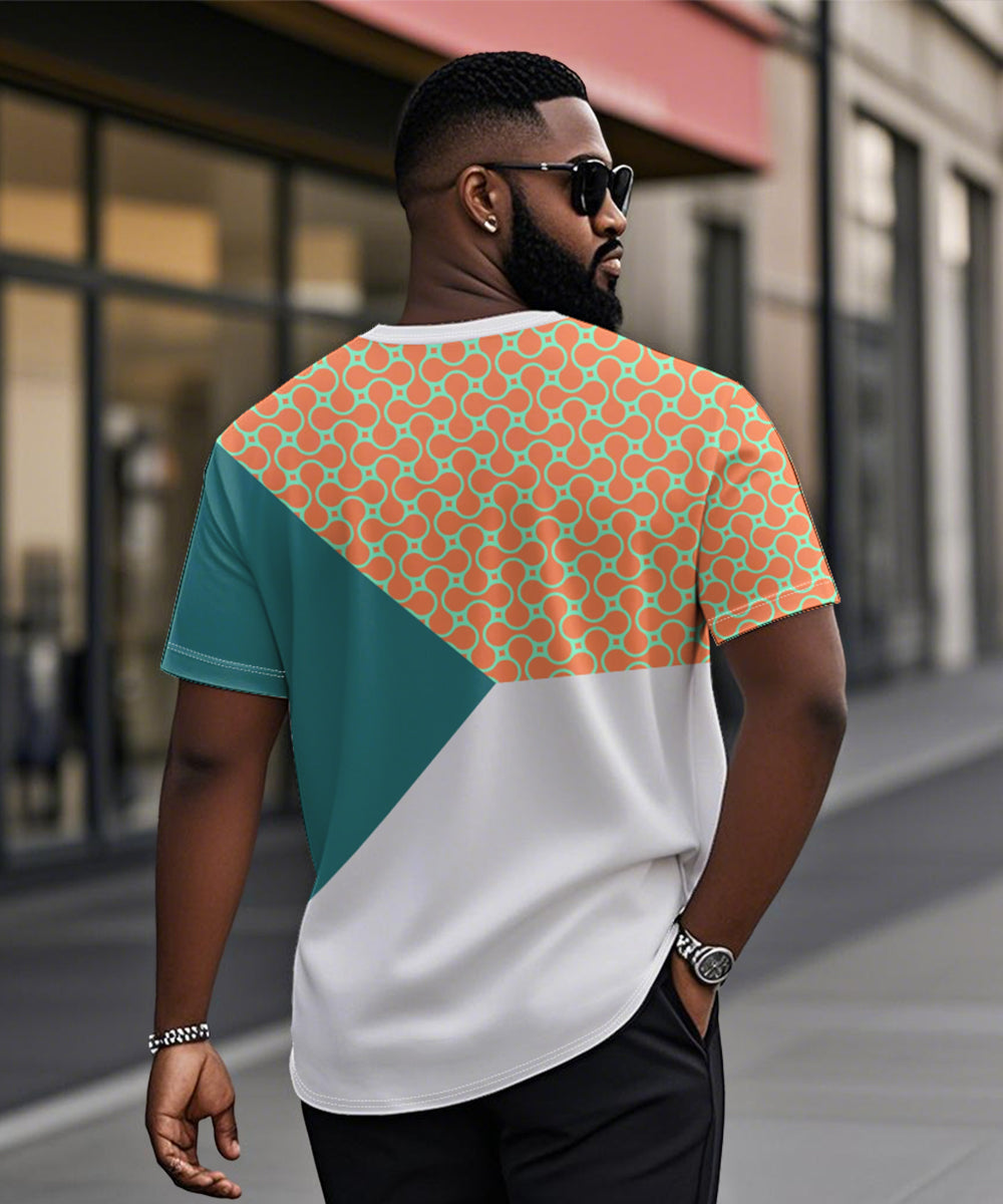 Big & Tall Men's Orange Triple Color Geometric Print Henry Collar Button Short Sleeve T-Shirt