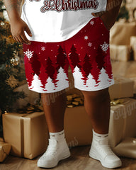 Big Guys Merry Christmas Letter Snowflake Christmas Tree Print T-Shirt Shorts Set