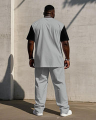Men's Plus Size Black & Grey Colorblock Logo Print Short Sleeve T-Shirt Trousers Suit