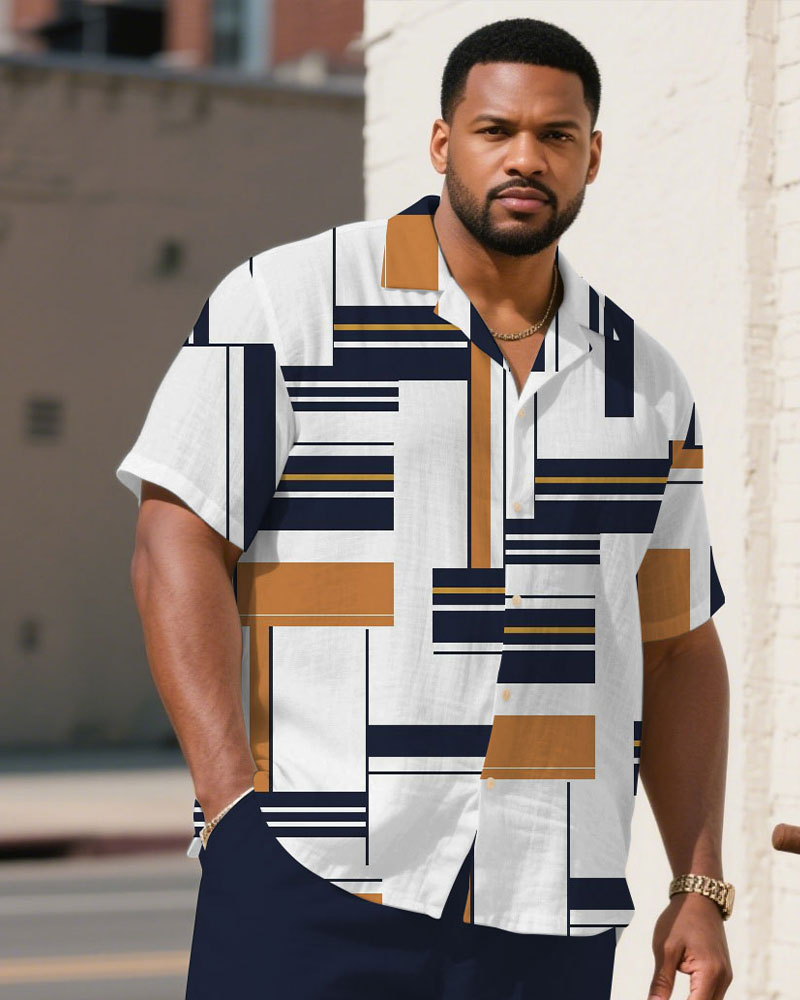 Men's Plus Size Irregular Geometric Pattern Dark White & Dark Blue Short Sleeve Shirt Shorts Suit