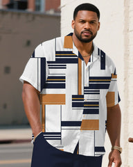 Men's Plus Size Irregular Geometric Pattern Dark White & Dark Blue Short Sleeve Shirt Shorts Suit