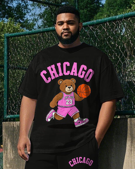 Big Men's Casual Cartoon Basketball Bear Athlete CHICAGO Printed Short Sleeve T-shirt Pants Set