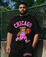 Big Men's Casual Cartoon Basketball Bear Athlete CHICAGO Printed Short Sleeve T-shirt Pants Set