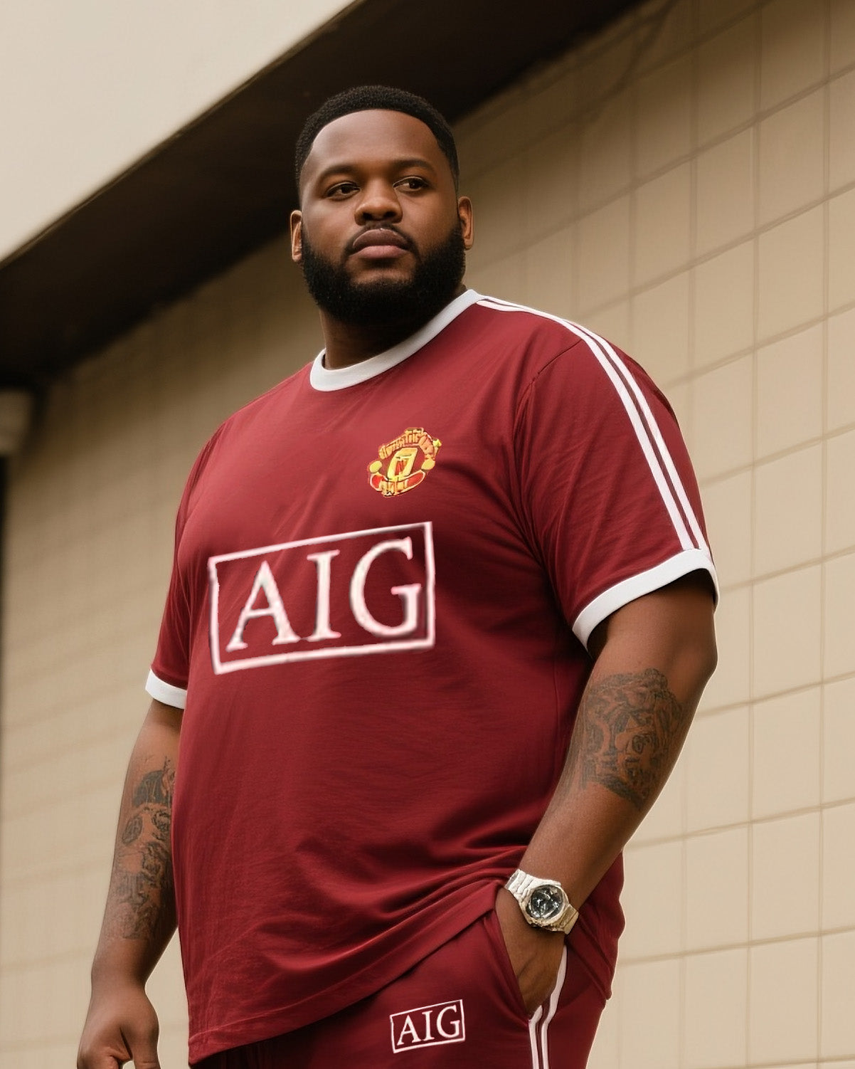 Big Boy Casual Sports Football Style FC Barcelona Striped Crewneck Short Sleeve T-Shirt Trousers