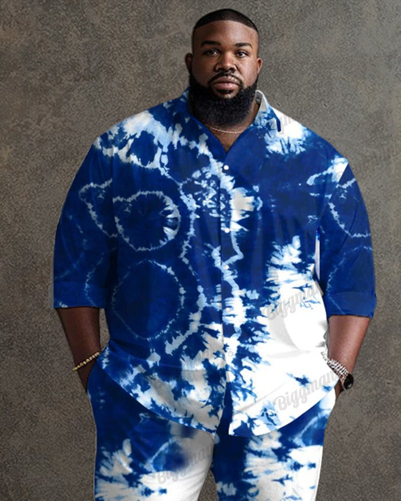 Traditional Tie-Dye Process Blue Long Sleeve Lapel Shirt 2 Piece Set Men's Plus Size