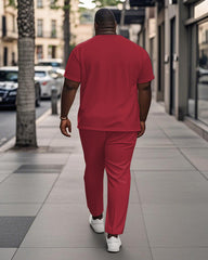 Men's Plus Size Red And White Color Block Geometric Print Henry Collar T-shirt Trousers Suit