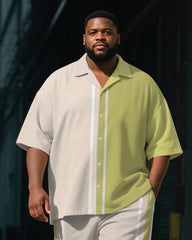 Men's Plus Size Casual Business Apricot Spelling Green Striped Printed Shirt Shorts Suit