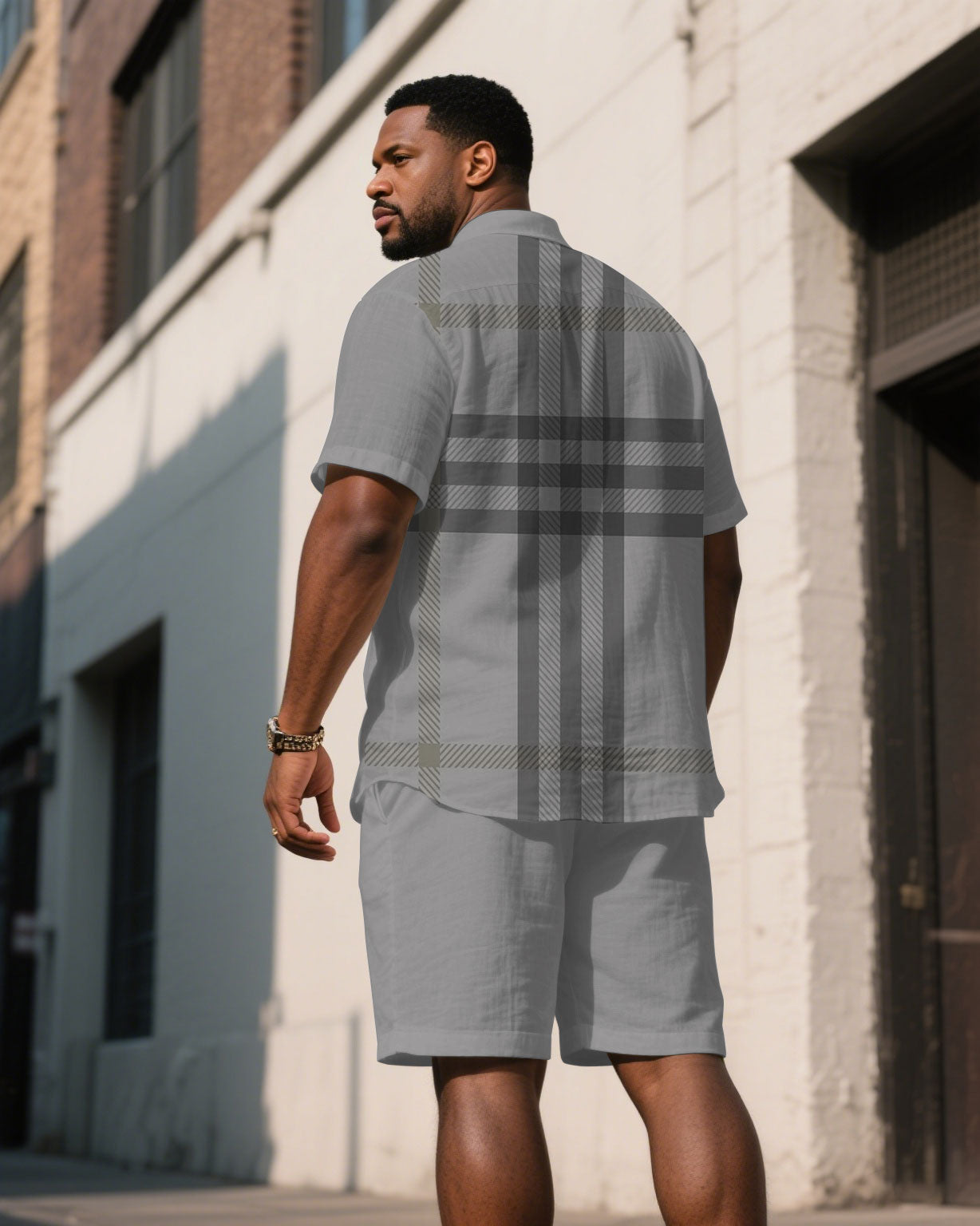 Men's Plus Size Gray Big Plaid Short Sleeve Shirt Shorts Suit