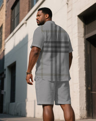 Men's Plus Size Gray Big Plaid Short Sleeve Shirt Shorts Suit