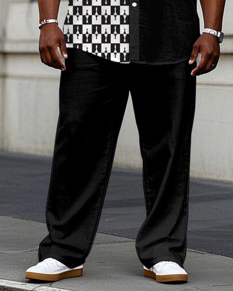 Men's Plus Size Business Simple Black & White Stitching Short Sleeve Shirt Trousers Suit