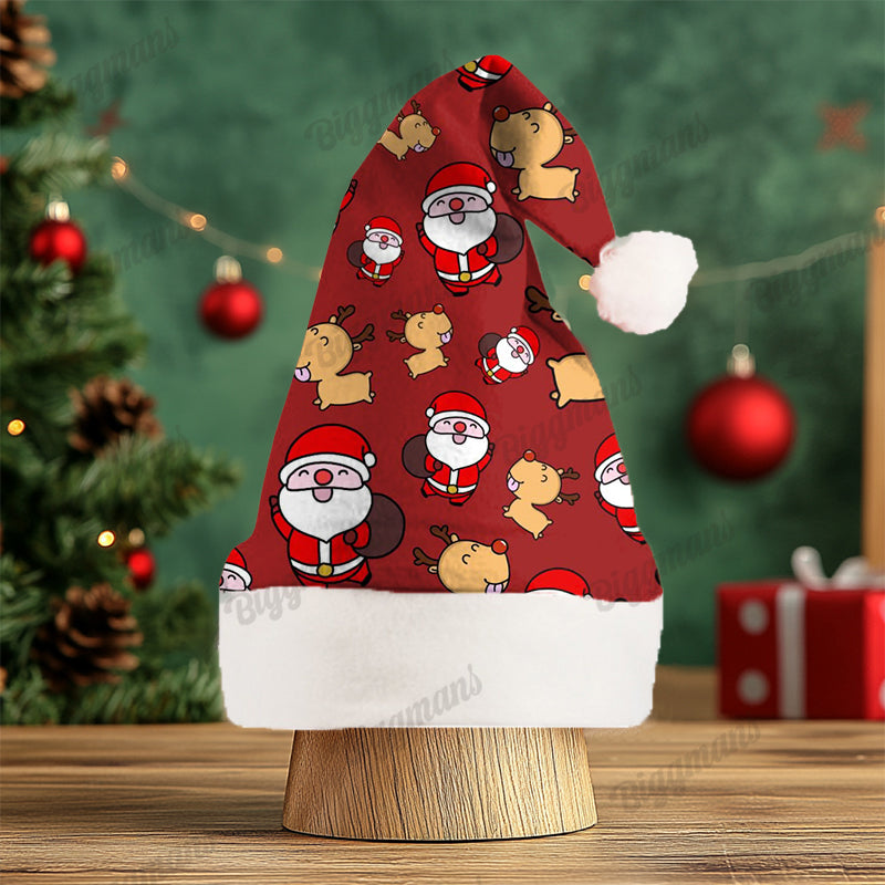 Christmas Fun Red Green Santa Cartoon Print Gift Plush Party Decorative Hat