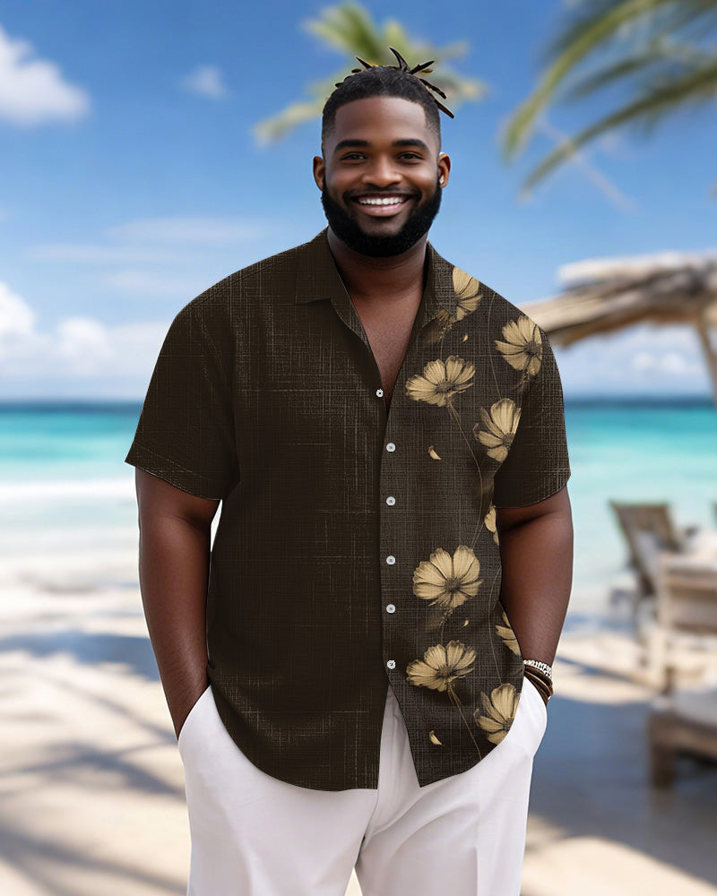 Men's Plus Size Hawaiian Brown Floral Print Short Sleeve Slub Shirt