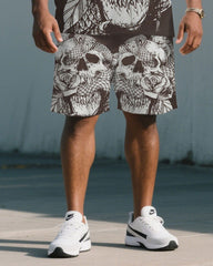 Men's Plus Size Chocolate Skull Rose Print Short Sleeve T-Shirt Shorts Suit