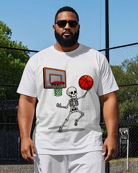 Big Men's Funny Skull Playing Basketball Printed Casual Sport Short Sleeve T-shirt Pants Set