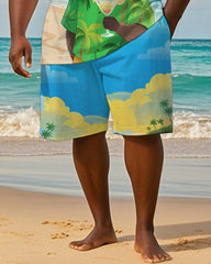 Men's Plus Size Hawaiian Blue Raccoon Drinking Cocktail Print Short Sleeve T-Shirt Shorts Suit