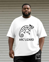 Big & Tall Men's Black And White Line Curved Lizard Print Round Neck Short Sleeve T-Shirt Shorts Suit