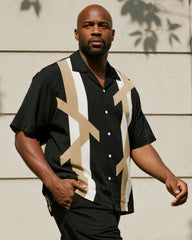Big & Tall Men's Business Black Color Matching Khaki Geometric Print Short Sleeve Shirt Trousers Suit