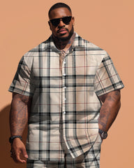 Guys Big Size Classic Khaki Plaid Short Sleeve Shirt Shorts Set