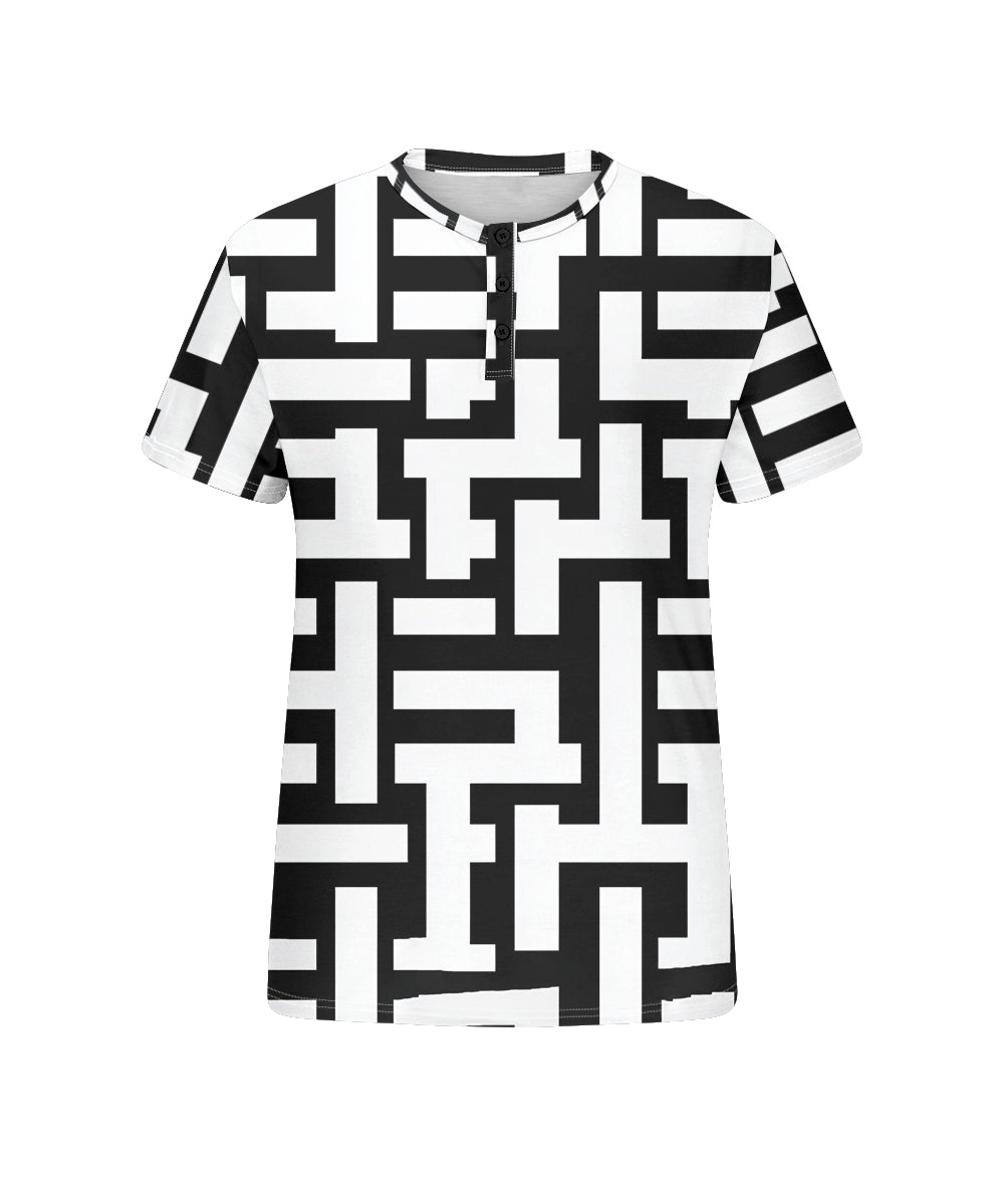 Men's Plus Size Black And White Geometric Stripe Print Henley Collar Button Short Sleeve T-shirt