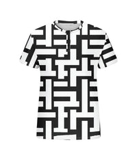 Men's Plus Size Black And White Geometric Stripe Print Henley Collar Button Short Sleeve T-shirt