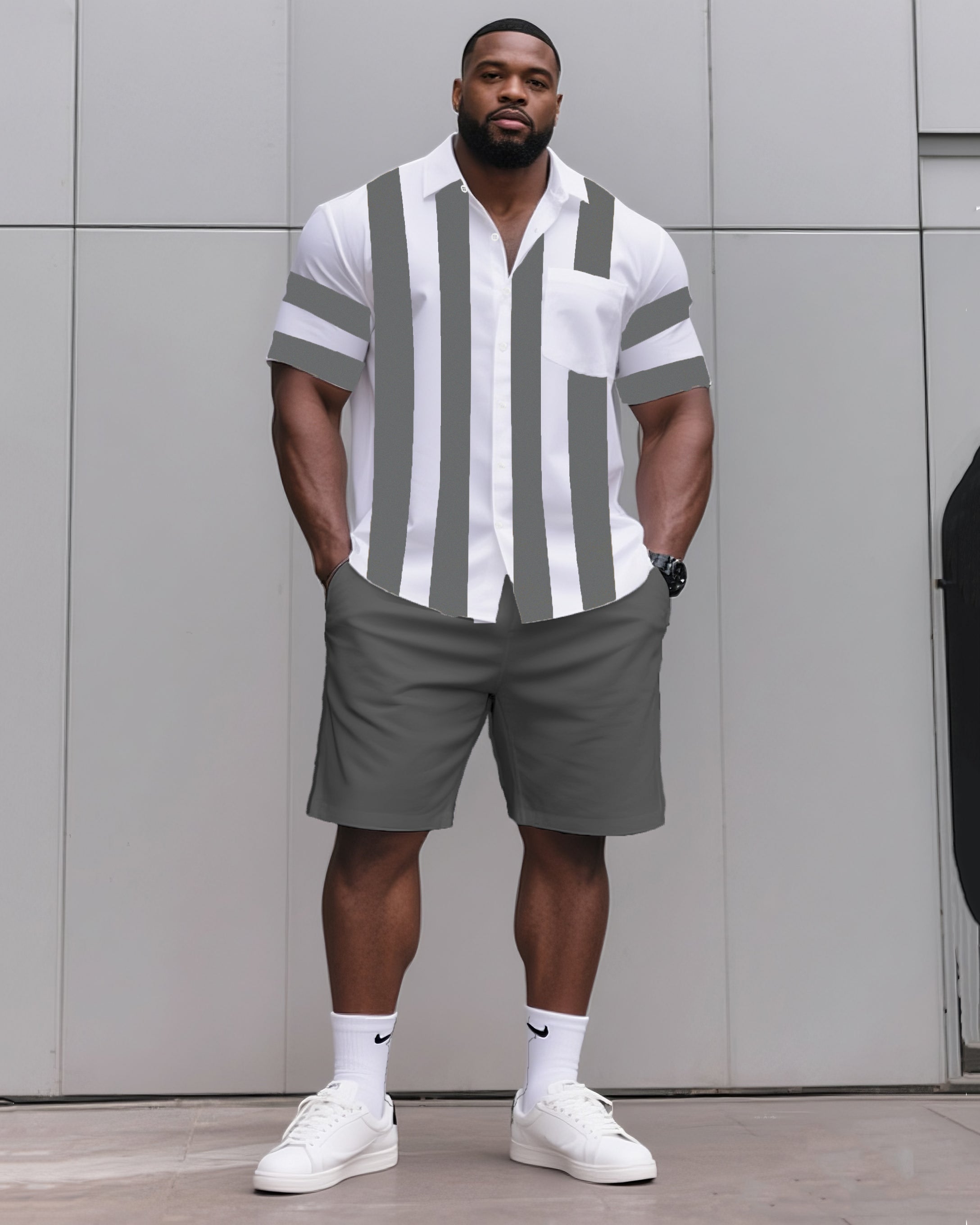 Big & Tall Men's Daily Casual Black & Grey & Wine Red & Fluorescent Green & Blue & Dark Blue. Big Striped Shirt Shorts Suit