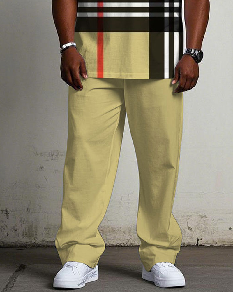 Men's Plus Size Casual Fashion Yellow Large Plaid Print Short-sleeved T-shirt Trousers Suit