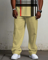Men's Plus Size Casual Fashion Yellow Large Plaid Print Short-sleeved T-shirt Trousers Suit