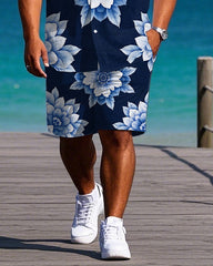 Big Men's Hawaii Theme Abstract Big Floral Printed Outdoor Casual Short Sleeve Shirt Shorts Set
