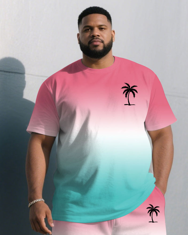 Men's Plus Size Fashion Pink & White & Blue Chest Small Label Printed Round Neck Short Sleeve T-Shirt Shorts Suit