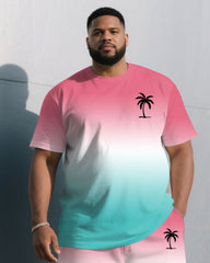 Men's Plus Size Fashion Pink & White & Blue Chest Small Label Printed Round Neck Short Sleeve T-Shirt Shorts Suit