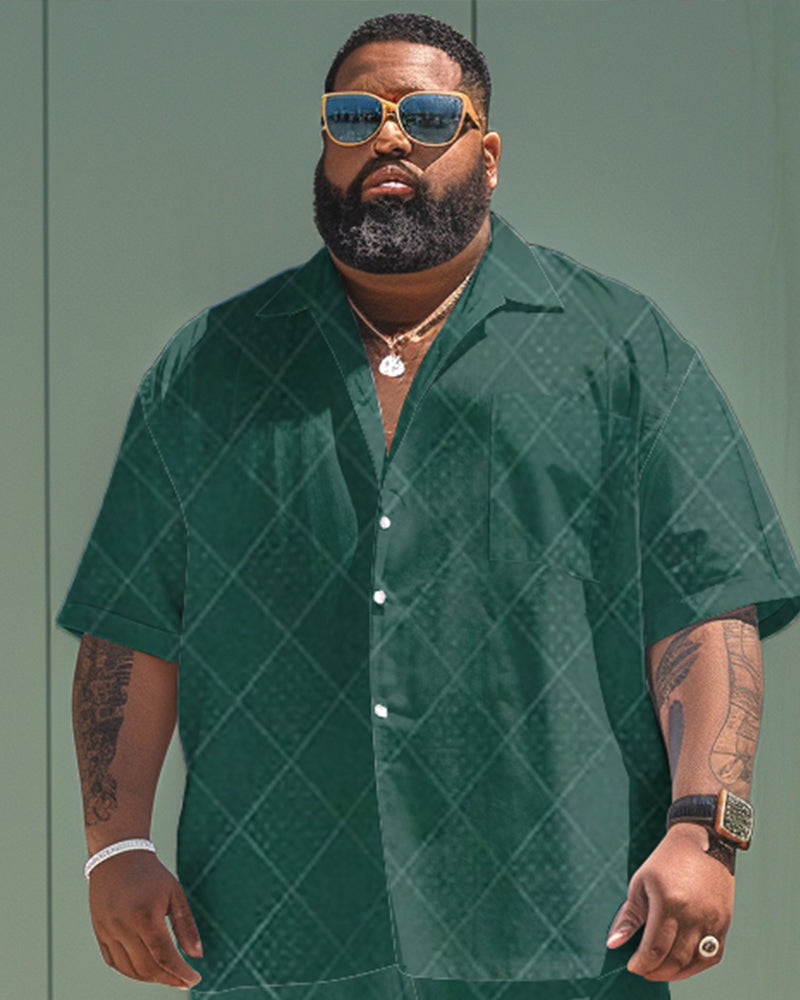 Big & Men's Fabric Texture Green Pattern Short Sleeve Shirt Shorts Set