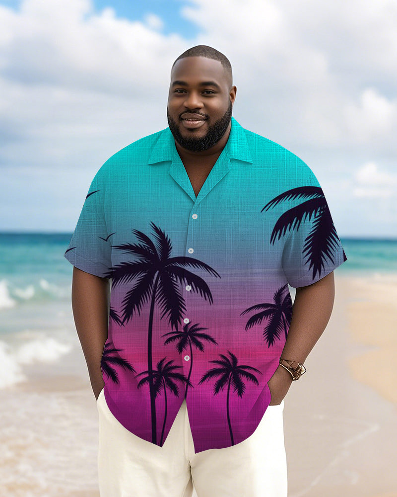 Men's Plus Size Hawaiian Blue Gradient Coconut Tree Print Short Sleeve Slub Shirt