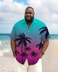 Men's Plus Size Hawaiian Blue Gradient Coconut Tree Print Short Sleeve Slub Shirt