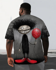 Men's Casual Fun Balloon Boy Illustration Back Print Big & Tall Short-Sleeve T-shirt Shorts Set