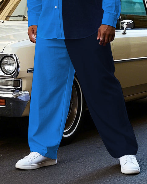 Big Guy's Simple Blue & Black Splicing Style POLO Artistic Letter Printed Long Sleeve Shirt Pants Set