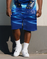 Big Man's Retro Bear in Sea Cartoon Printed 2-Piece Short-Sleeve Polo Shirt & Shorts Set
