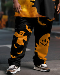 Big & Tall Men's Halloween Yellow Black Color Contrast Ghost Bat Pumpkin Print T-Shirt Trousers Suit
