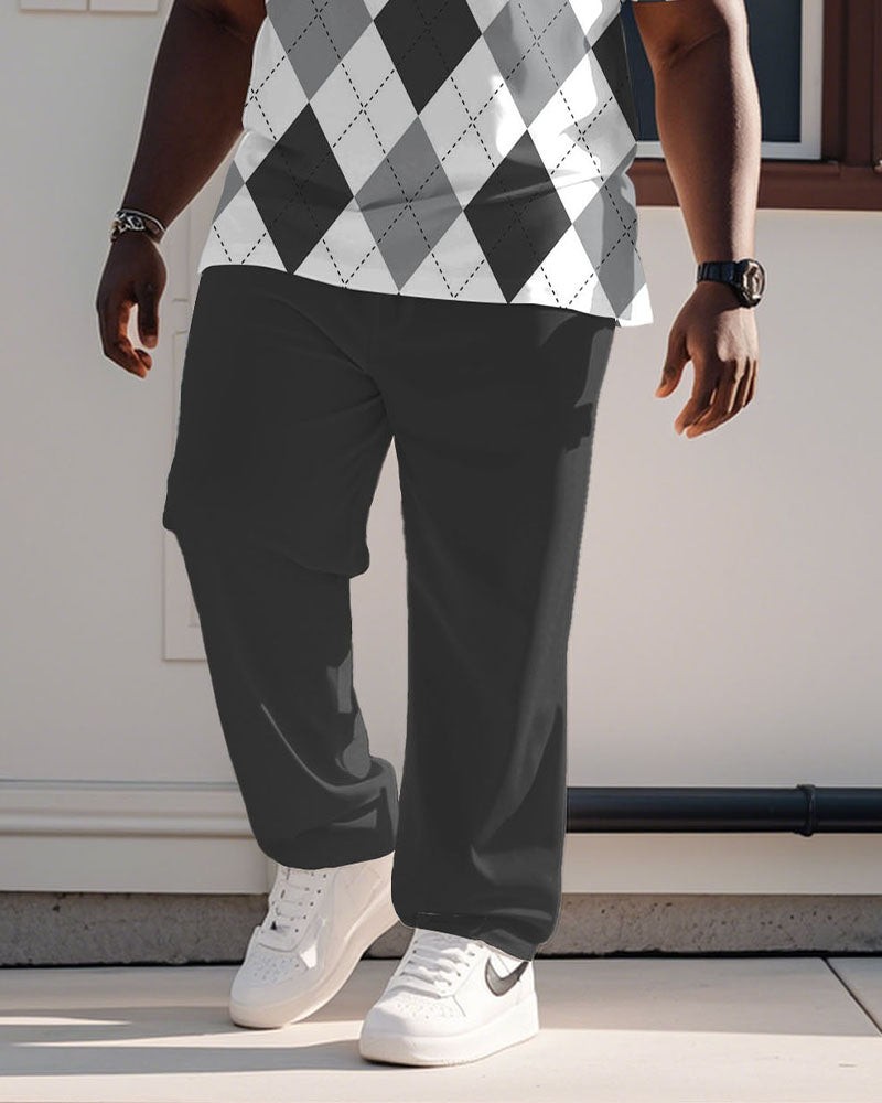 Grey Gentleman Classic Diamond Plaid Polo Shirt Short Sleeve Trousers Suit Men's Plus Size