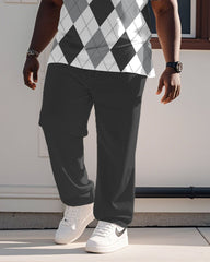 Grey Gentleman Classic Diamond Plaid Polo Shirt Short Sleeve Trousers Suit Men's Plus Size