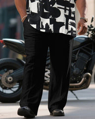 Men's Plus Size Black & White Graffiti Business Short Sleeve Shirt Pants Suit