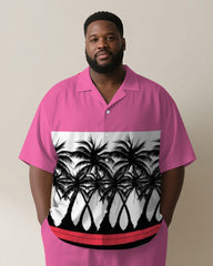 Big & Tall Men's Hawaiian Pink Stripe Colorblock Coconut Print Short Sleeve Shirt Pants Suit