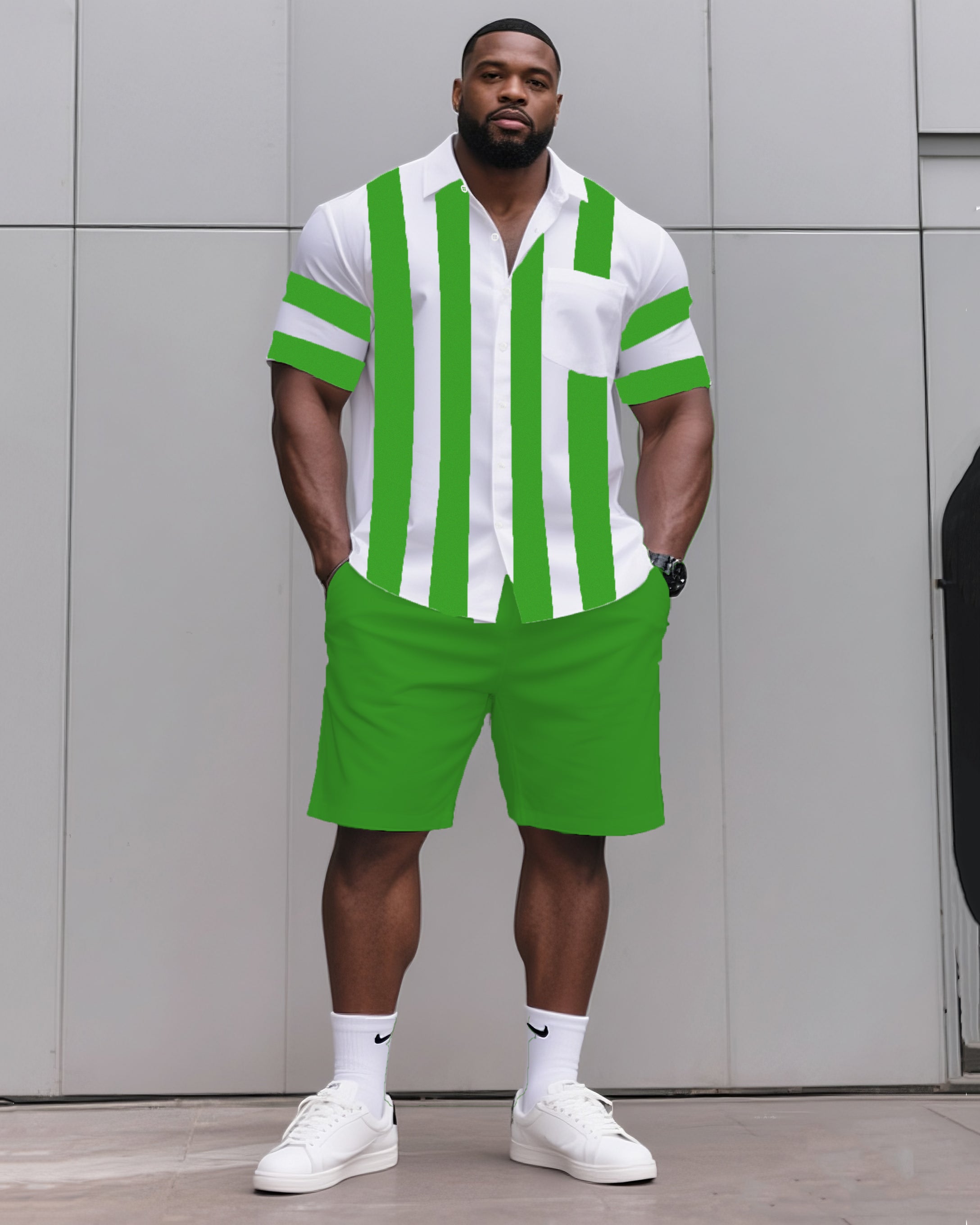 Big & Tall Men's Daily Casual Black & Grey & Wine Red & Fluorescent Green & Blue & Dark Blue. Big Striped Shirt Shorts Suit