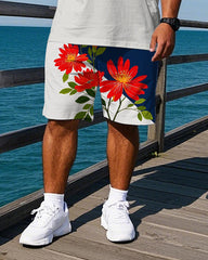 Big Men's Gentlemen Romantic Floral Stripe Printed Casual Short Sleeve Polo Shirt Shorts Set