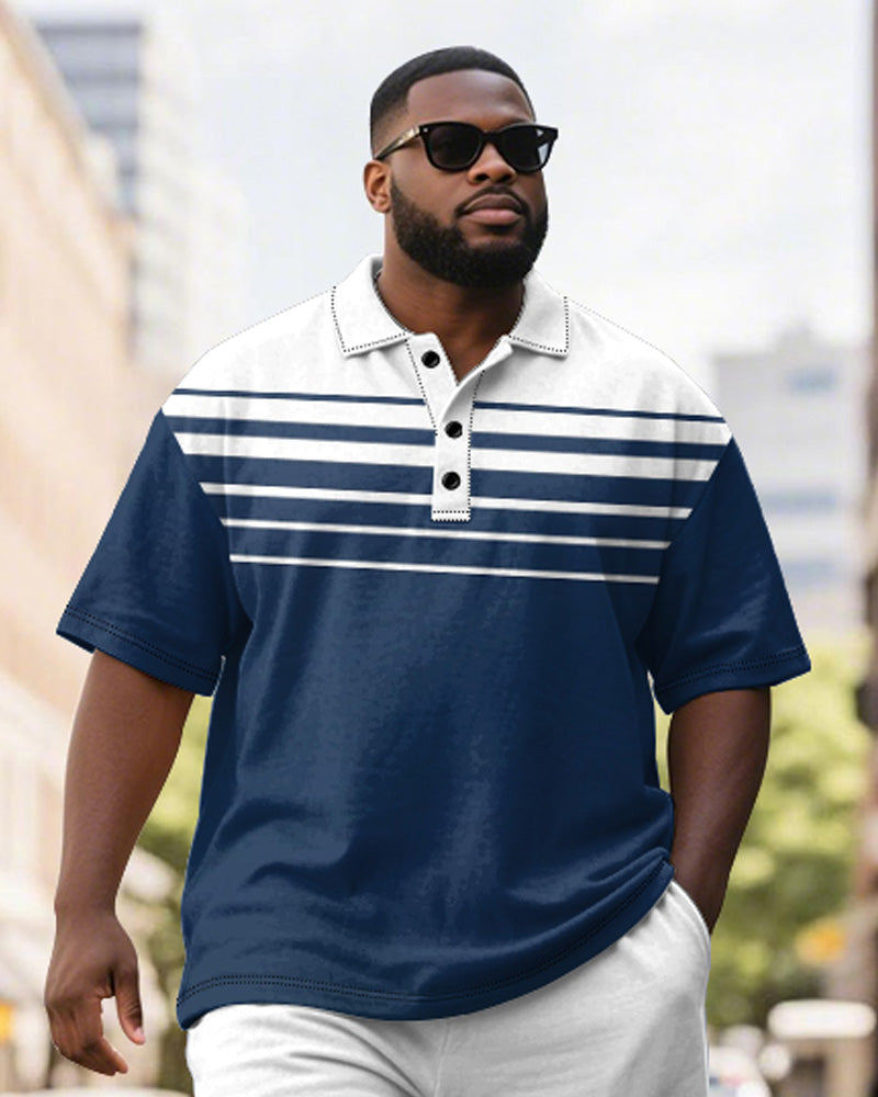 Men's Plus Size Business Blue Stripe Print Short Sleeve Polo Shirt Shorts Suit