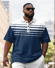 Men's Plus Size Business Blue Stripe Print Short Sleeve Polo Shirt Shorts Suit